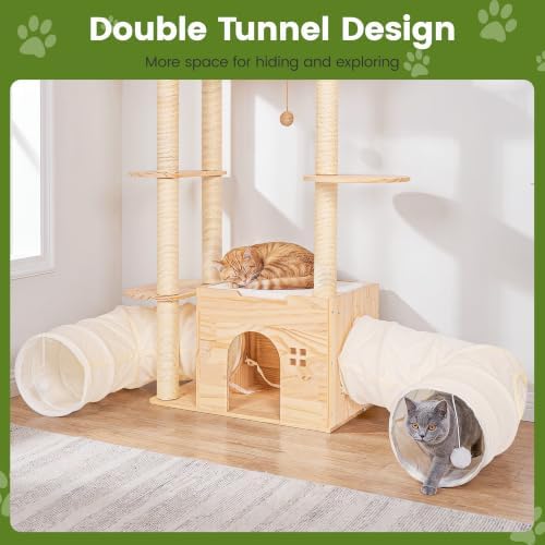 58-Inch Solid Wood Cat Tree for Indoor Cats, Tall Cat Tower, Double Tunnels - Image 4