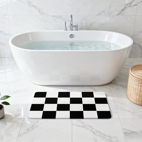 THMINS Black and White Checkered Stone Bath Mat - Image 2