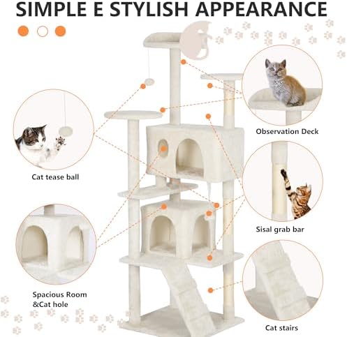 BestPet | 62" Cat Tree Tower | Beige | Sturdy Multi-Level Cat Tree - Image 6