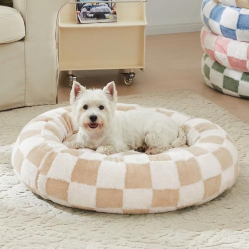 Ohocut Checkered Dog Bed, Cute Beige Khaki Retro Style Aesthetic Round Warming by Ohocut