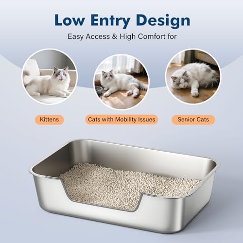 Qiuma XL Stainless Steel Cat Litter Box, Low Entry, 27.5 x 19.6 x 7.8in - Image 2