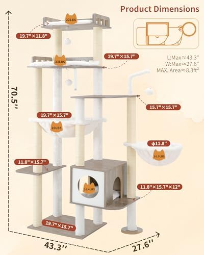 Heybly Cat Tree, 70.5" Wood Tall Cat Tower - Image 3