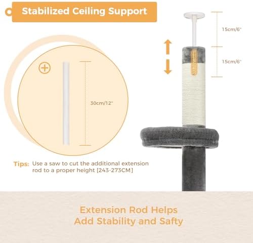 PETEPELA 5-Tier Floor to Ceiling Cat Tree, 95-107In Tall Cat Tower Grey - Image 3