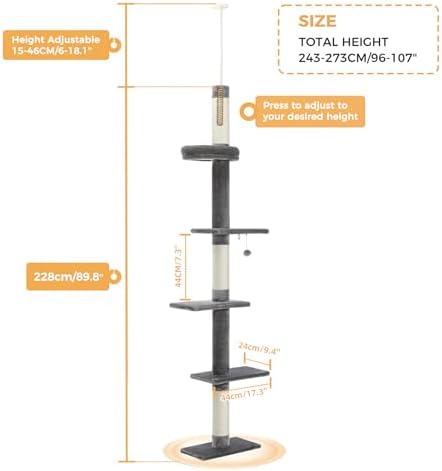 PETEPELA 5-Tier Floor to Ceiling Cat Tree, 95-107In Tall Cat Tower Grey - Image 2