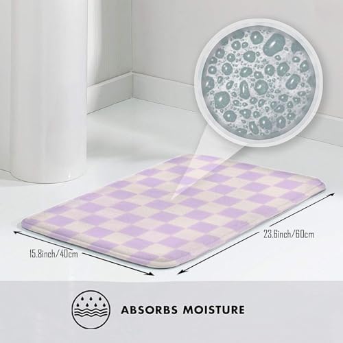 Purple Checkered Grid Bath Mat 24x16 Inch Non-Slip Soft Microfiber Bathroom - Image 5