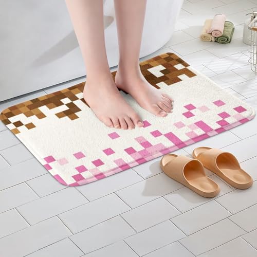 Pixelated Theme Bathroom Rug, Geometric Grid Non Slip Bath Mat - Image 4