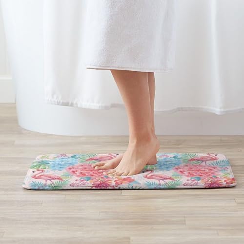 Pink Flamingos Palm Leaves and Flowers Bath Mat Non-Slip Soft Microfiber - Image 2