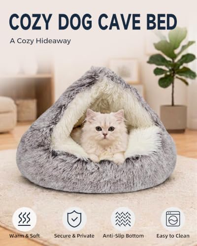ShinHye Cat Bed Round Plush Fluffy Hooded Cat Bed Cave, Cozy - Image 3