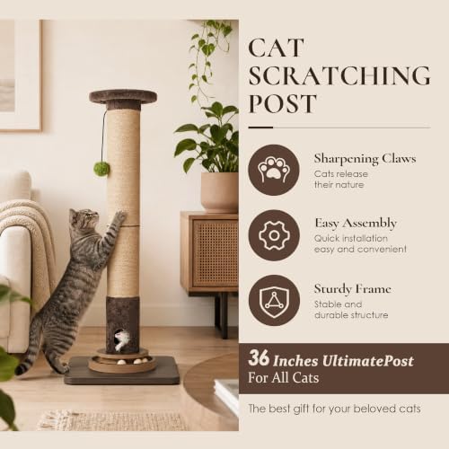 36" Cat Scratching Post, Extra-Thick Natural Sisal Scratcher Post - Image 3
