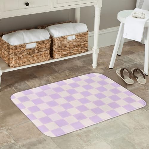 Purple Checkered Grid Bath Mat 24x16 Inch Non-Slip Soft Microfiber Bathroom - Image 2