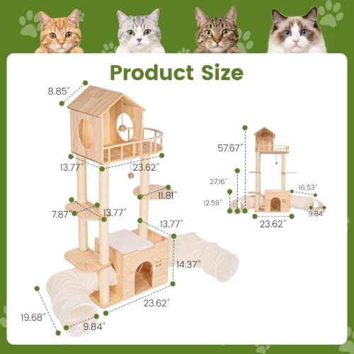 58-Inch Solid Wood Cat Tree for Indoor Cats, Tall Cat Tower, Double Tunnels - Image 2