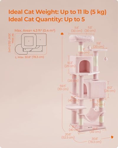 Feandrea Cat Tree, 59.5-Inch Tall Cat Tower, Jelly Pink - Image 5