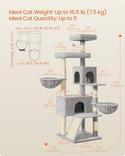Feandrea Cat Tree, 68.5-in Tall Cat Tower, Dove Gray - Image 5