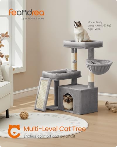 Feandrea Cat Tree, 33.8" Cat Tower, Scratching Posts and Ramp, Dove Gray - Image 2