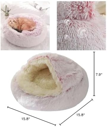 Round Fluffy Hooded Cat Bed Cave, Anti-Anxiety Cave Bed - Image 6