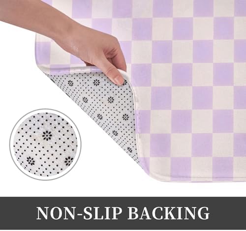 Purple Checkered Grid Bath Mat 24x16 Inch Non-Slip Soft Microfiber Bathroom - Image 4