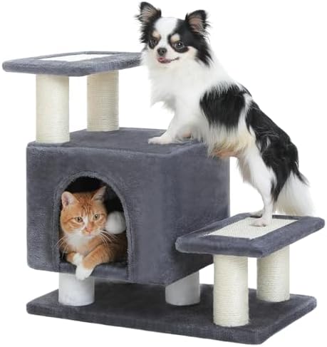 3-in-1 Cat Stairs with Scratching Post & Condo, Pet Steps, Dark Grey by UYMI
