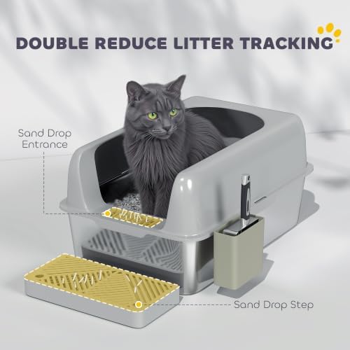 PawHut Stainless Steel Litter Box Easy Clean High Sided Scoop Light Gray - Image 5