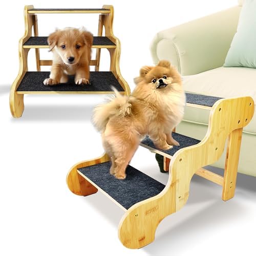 Dog Stairs for Small Dogs, 3-Step Bamboo Pet Steps Ramp for Bed and Car by GXONEHomeKitchen