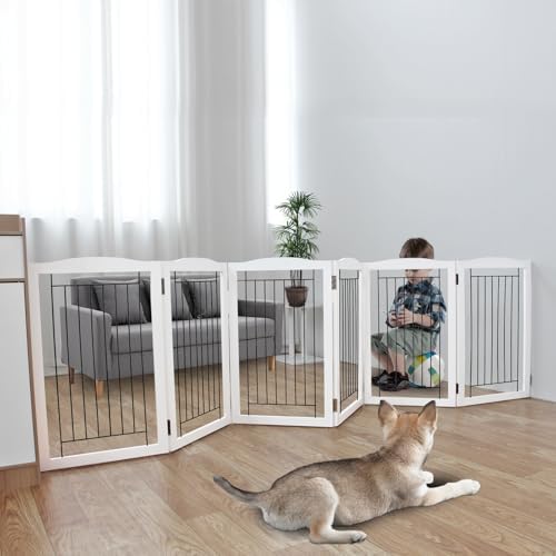 ZJSF Freestanding Foldable Dog Gate Wooden Extra Wide White Puppy Gate 6 Panels by ZJSF