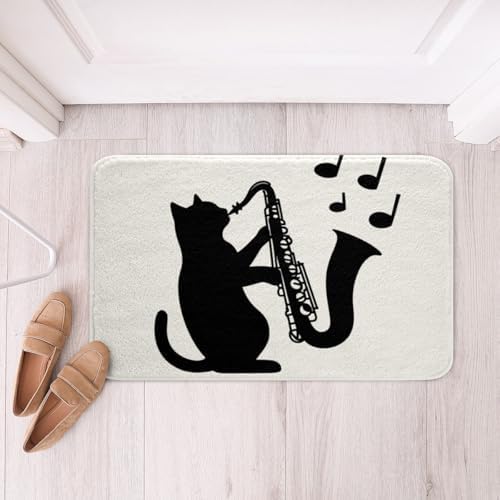 Erosebridal Black Cat 20"X 32" Bath Mat, Saxophone Music Theme Doormats Floor - Image 2