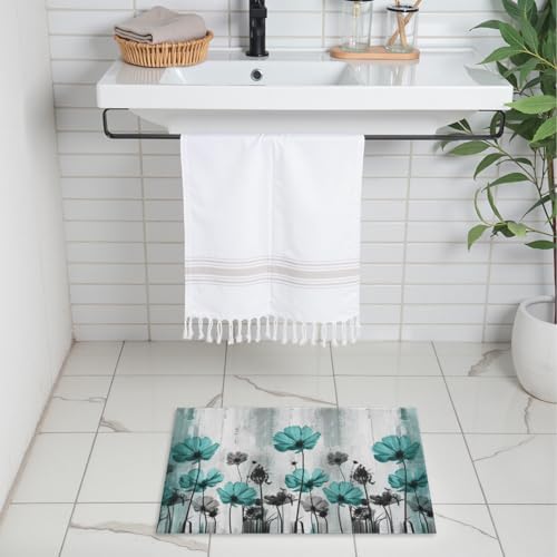 Giwawa Teal Floral Bath Rug Turquoise Flower Bath Carpet Soft Plush Absorbent - Image 2