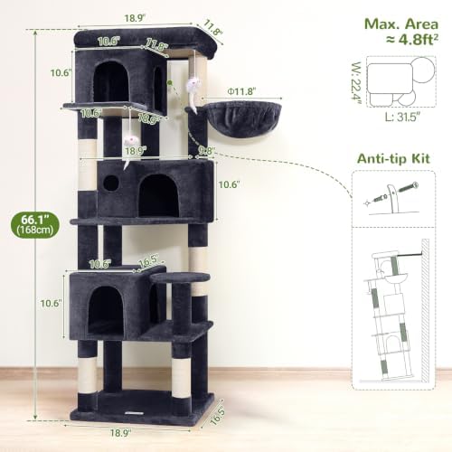 Globlazer F66 Corner Cat Tree, 66in Multi-Level Climbing Tower, Dark Grey - Image 6