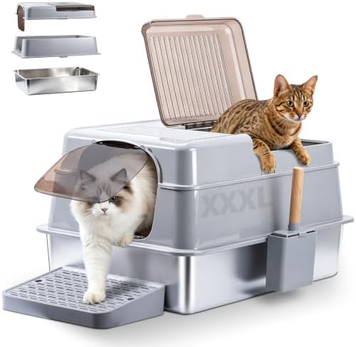 Stainless Steel Litter BoxWith Lid, XXXL Metal Litter Box by Nyutu