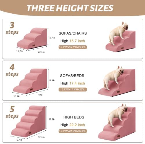 Dog Stairs for Small Dogs, 3-Step Pink Pet Ramp for Couch, Cats & Puppies - Image 6