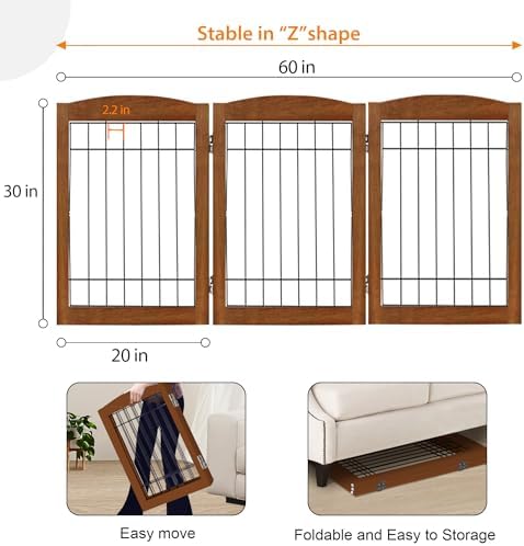 LZRS 3-Panel Freestanding Adjustable Wooden Dog Gate—30" Tall Foldable Pet - Image 5