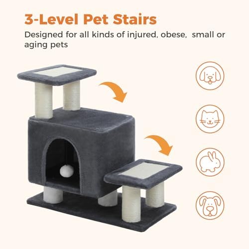 3-in-1 Cat Stairs with Scratching Post & Condo, Pet Steps, Dark Grey - Image 3