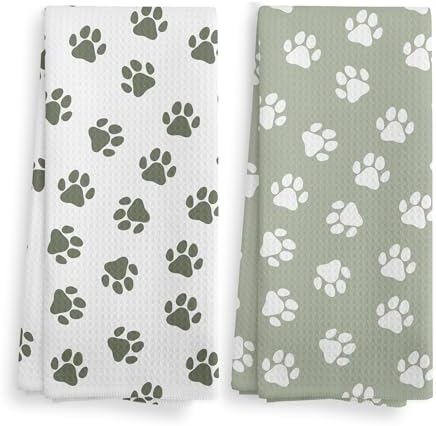 Dog Paws Dish Towel, Sage Green Kitchen Towels and Dishcloths Set of 2 by NOQL