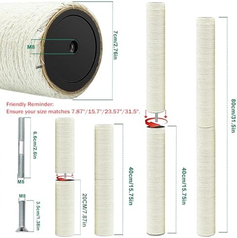4 PCS Cat Tree Replacement Post, 15.7in & 7.9in M8 Scratching Refill Pole - Image 2