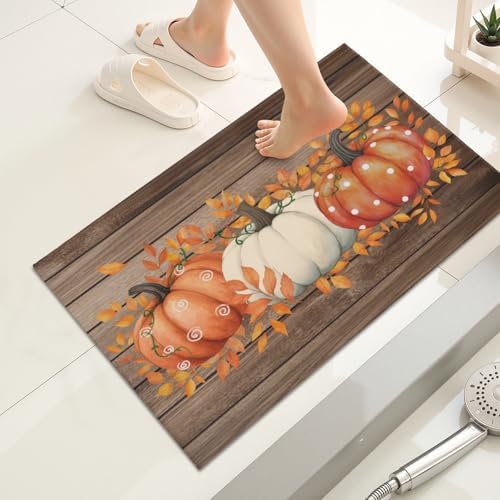 Giwawa Autumn Pumpkin Bath Rug Rustic Wood Bathroom Mat Non Slip Absorbent - Image 2