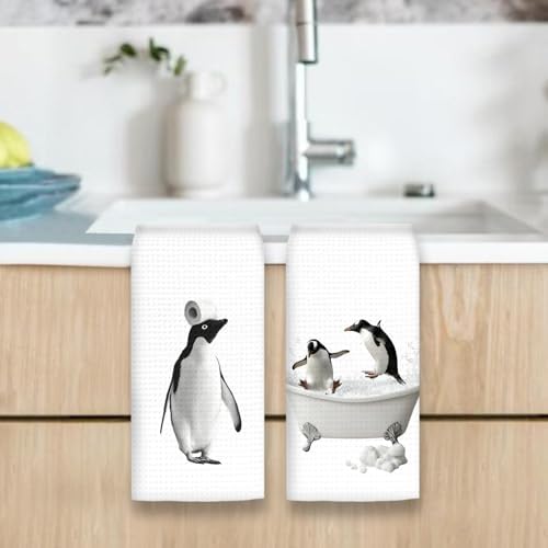 Funny Penguin Hand Towels Set of 2, Funny Penguins Take a Bath Hand Towels - Image 6
