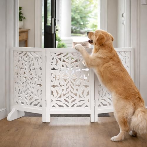 Wooden Dog Gate 54x24, 3 Panel Foldable Pet Gate, Indoor White - Image 6