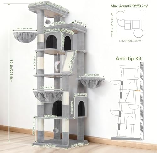 Globlazer 80in Extra Large Tall Corner Cat Tree Tower, Light Grey - Image 6