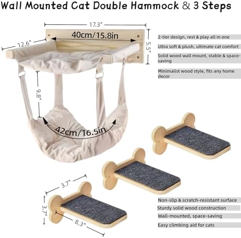 Beige Wall Mounted Cat Double Hammock & 3 Steps, Pine Climbing Shelf & Perch Set - Image 2