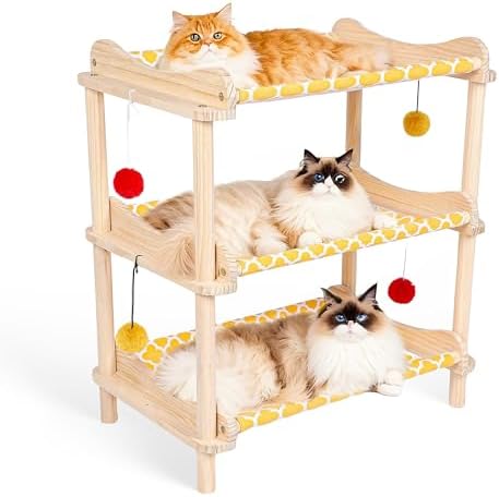 Large 3-Layer Cat Hammock Bed, Breathable Washable Covers, Wooden Pet Furniture by MITREL