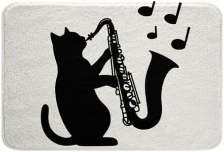 Erosebridal Black Cat 20"X 32" Bath Mat, Saxophone Music Theme Doormats Floor by Erosebridal