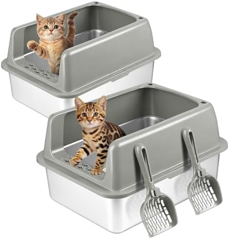 Kirecoo 2 Pack Medium Semi-Enclosed Stainless Steel Cat Litter Box by Kirecoo