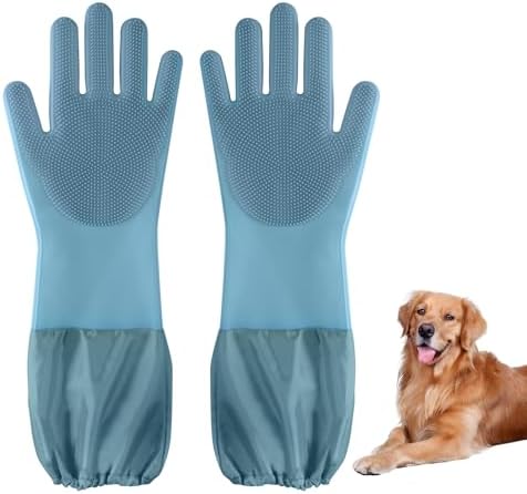 Dog washing gloves | Pet grooming gloves | Extra Long Arms 17.3in, hazy blue by Unknown