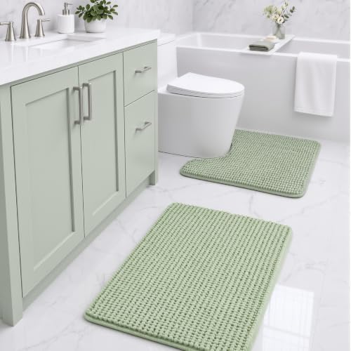 Ophanie Sage Green Bathroom Rugs Sets 2 Piece, Soft Chenille Bath Mat, Non Slip by Ophanie
