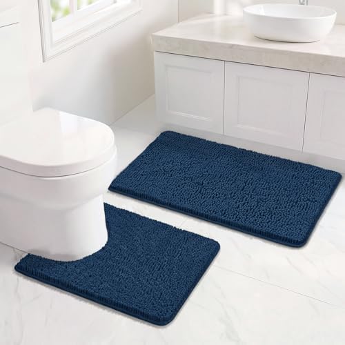 Bcoimo U Shaped Bath Rug Mat Set, 2 Piece Chenille Navy Toilet Bathroom Rugs by Bcoimo