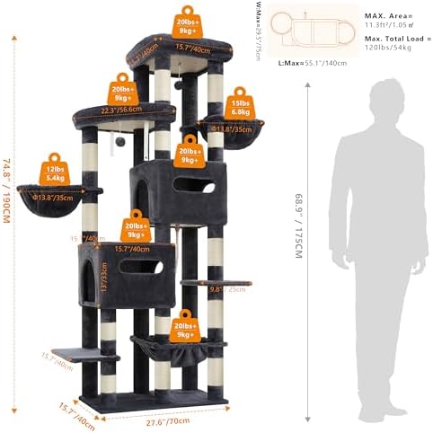 Heybly Cat Tree, 74.8-Inch Spacious & Tall Cat Tower - Image 6