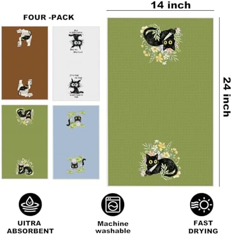 4 Pcs Funny Black Cat Kitchen Towels, Cute Cats Gifts Reusable Dish Towels - Image 2