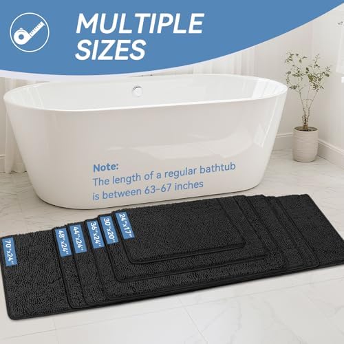 Bcoimo Bath Rug Mat, 48x24 Chenille Non Slip Black Long Bathroom Runner Rug - Image 2