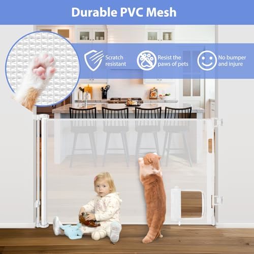 Retractable Baby Gates with Cat Door 80" Wide Retractable Dog Gate with Pet - Image 3