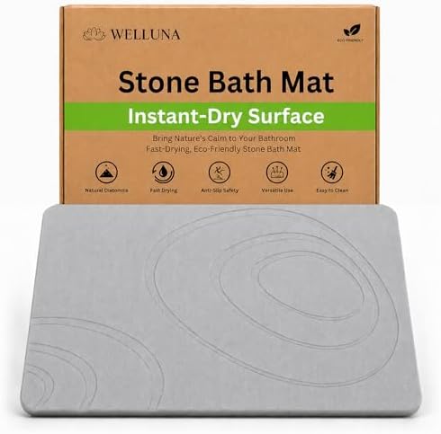 Stone Bath Mat for Bathroom, Diatomaceous Earth, Light Gray by WELLUNAHOME