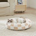 Ohocut Checkered Cat Dog Bed, Cute Beige Khaki Retro Style Aesthetic Round by Ohocut